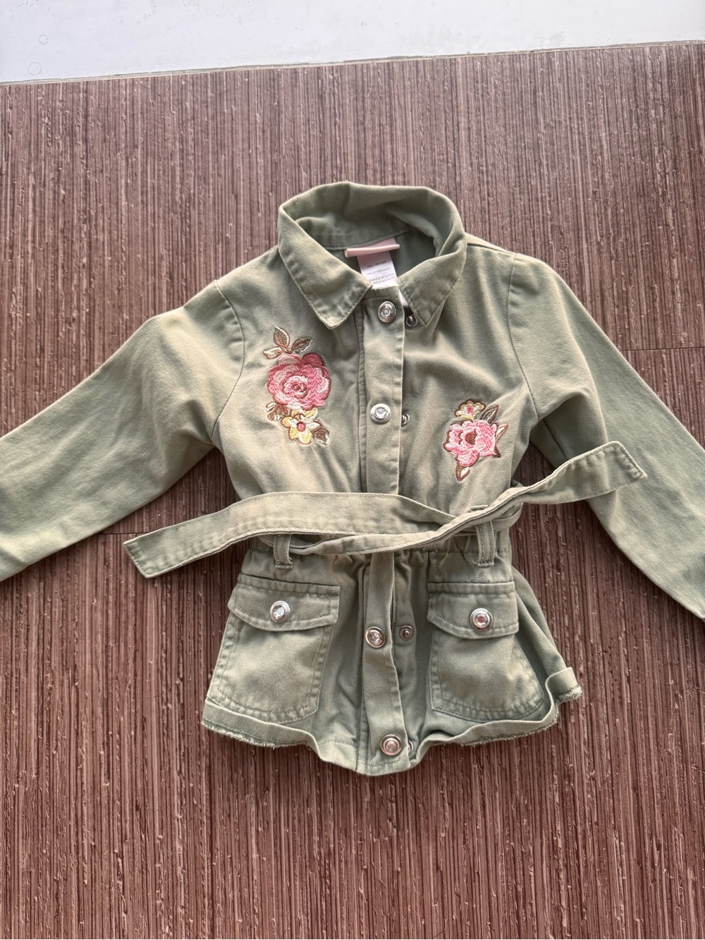 Girls Olive Green Floral Embroidered Utility Jacket